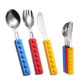 Kids' 3Pcs Flatware Set with Brick Toy Silicone Handle