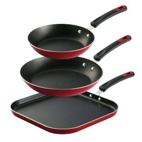 Red 3 Pieces Aluminum Non-stick Fry Pan and Griddle Set