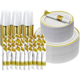 Prestee 350 Piece Disposable Gold Dinnerware Set, (50 Guest)