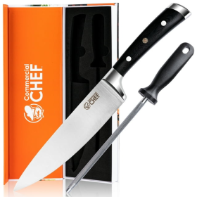 Commercial Chef Pro Chef Knife 8 inch Blade with Triple Rivet and Knife Sharpener, Steel Forged