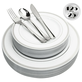 JL Prime 125 Piece Silver Plastic Plates & Cutlery Set