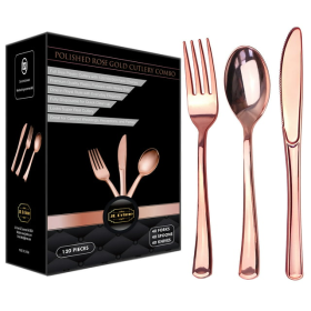 120 Piece Rose Gold Plastic Silverware Set