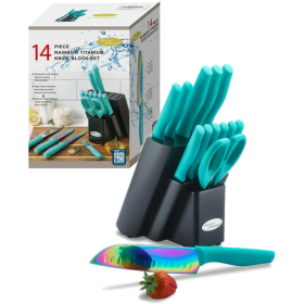 14PC Rainbow Kitchen Knife Block Set,Titanium Cutlery Knifes,Teal