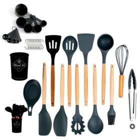 33pcs Wooden Handle Silicone Kitchen Utensils Set (Color: Gray)