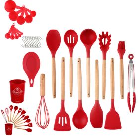 33pcs Wooden Handle Silicone Kitchen Utensils Set (Color: Red)