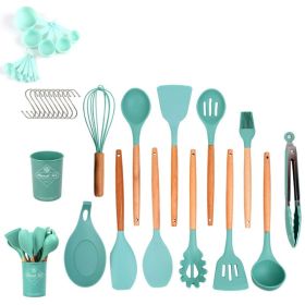 33pcs Wooden Handle Silicone Kitchen Utensils Set (Color: Dark Green)