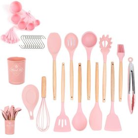 33pcs Wooden Handle Silicone Kitchen Utensils Set (Color: Pink)